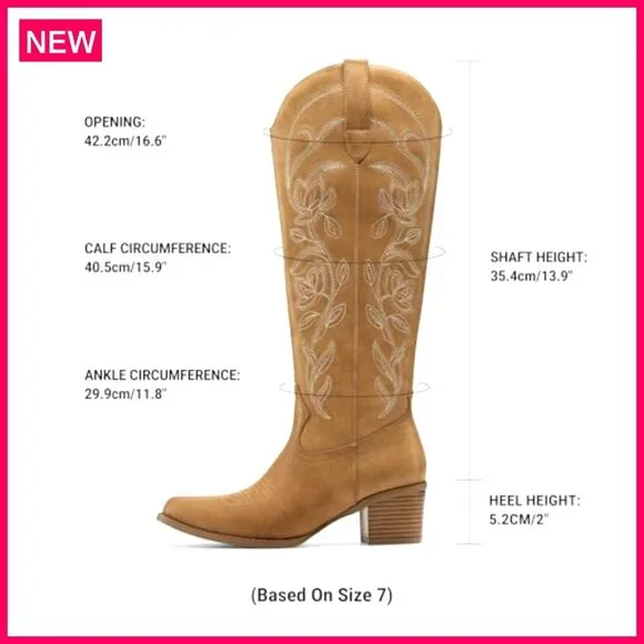 Women's Knee High Cowboy Boots Chunky Heel Square Toe Embroidered Western - Picture 5 of 8